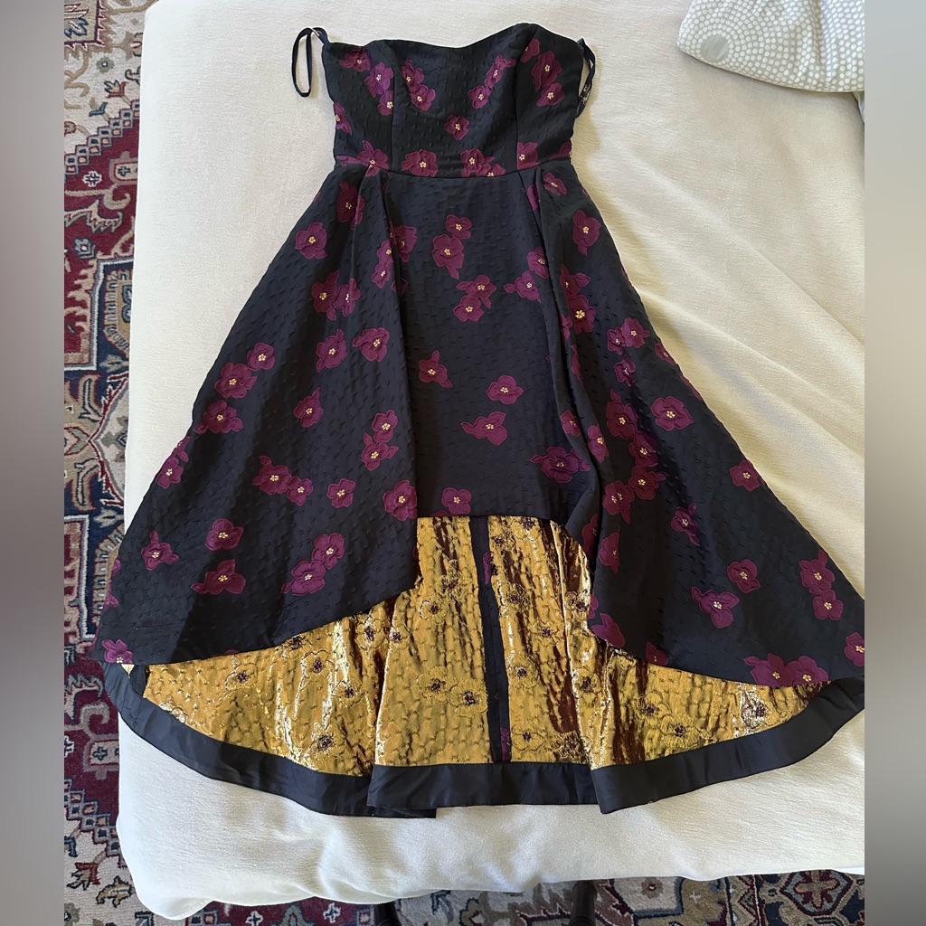 Nwt Shoshanna Anthropologie Black And Gold Floral Strapless Evening Dress